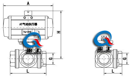 气动三通内螺纹球阀 (外形尺寸图) 